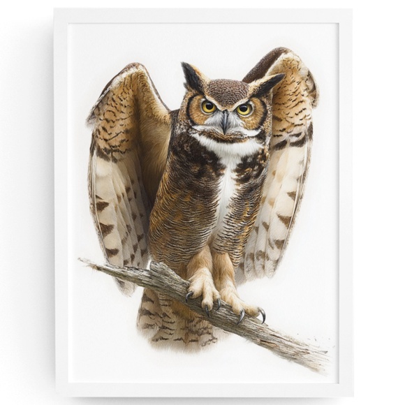 Watercolor Great Horned Owl Portrait Wall Art Print, Unframed - Woodland - Picture 1 of 6